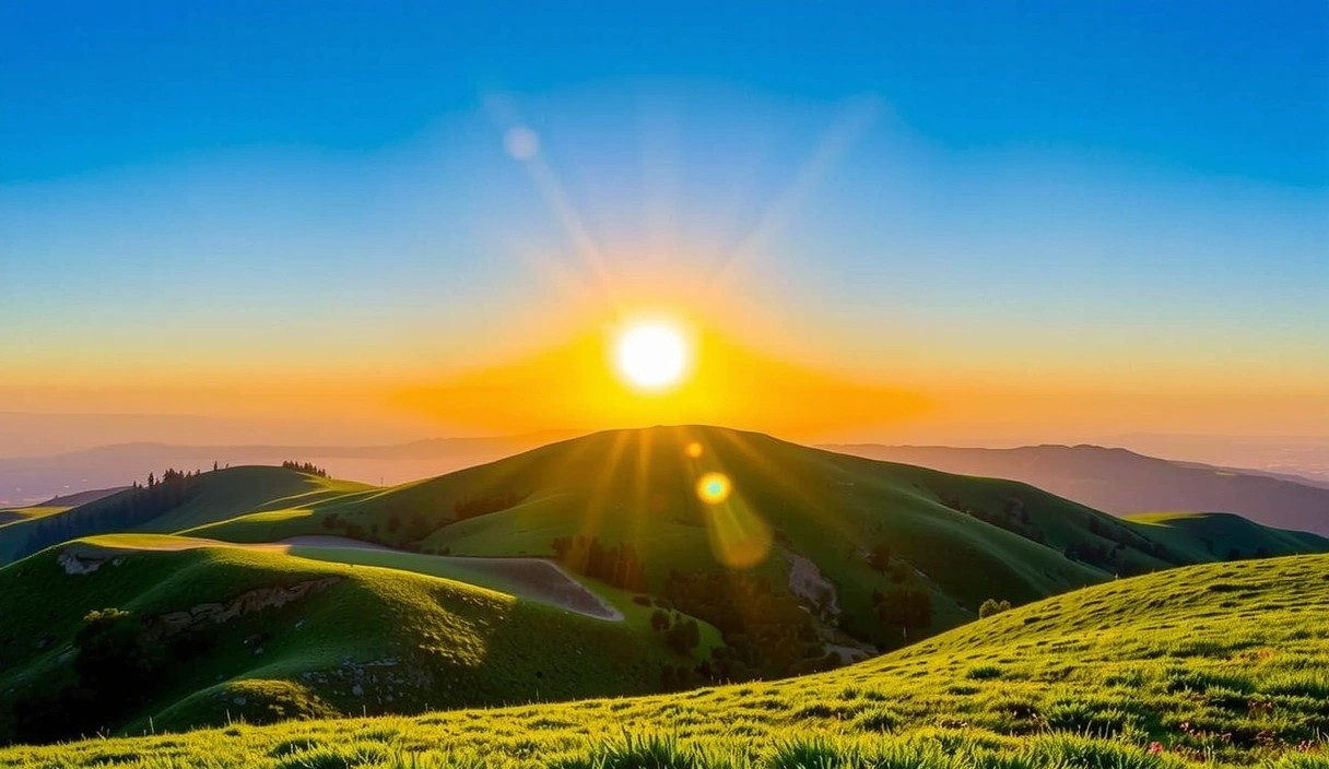 A serene landscape with a rising sun over lush green hills, symbolizing growth and natural origin.