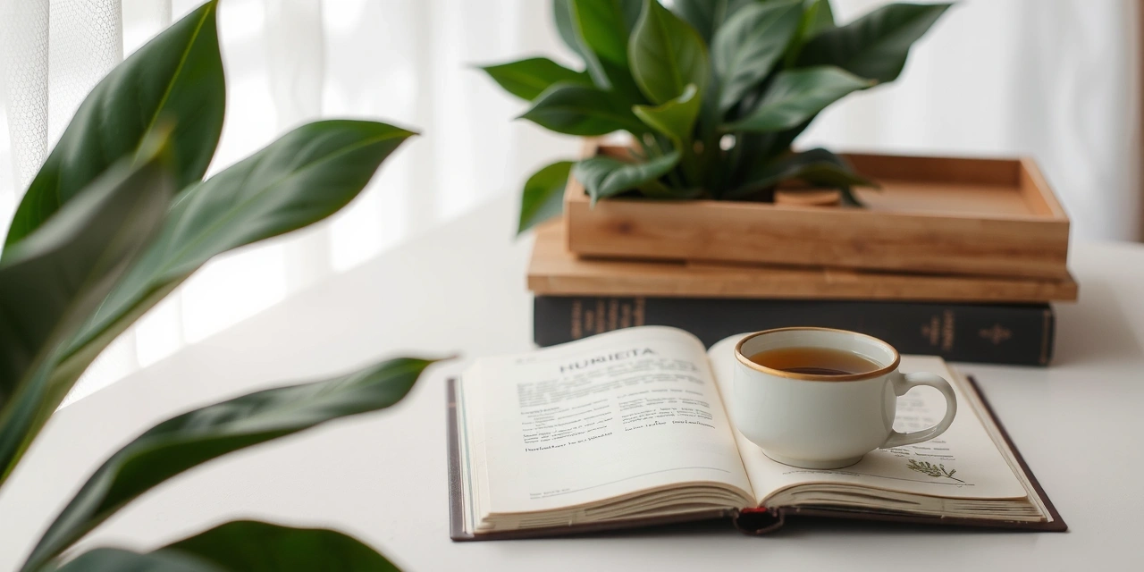 Inviting hero image for Nuvienia blog, showing a calm, serene environment with natural elements like green leaves, soft light, and a book, symbolizing knowledge and wellness.