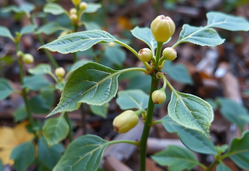 Siberian Ginseng (Eleuthero) plant with its berries and distinct leaves, in a forest setting.