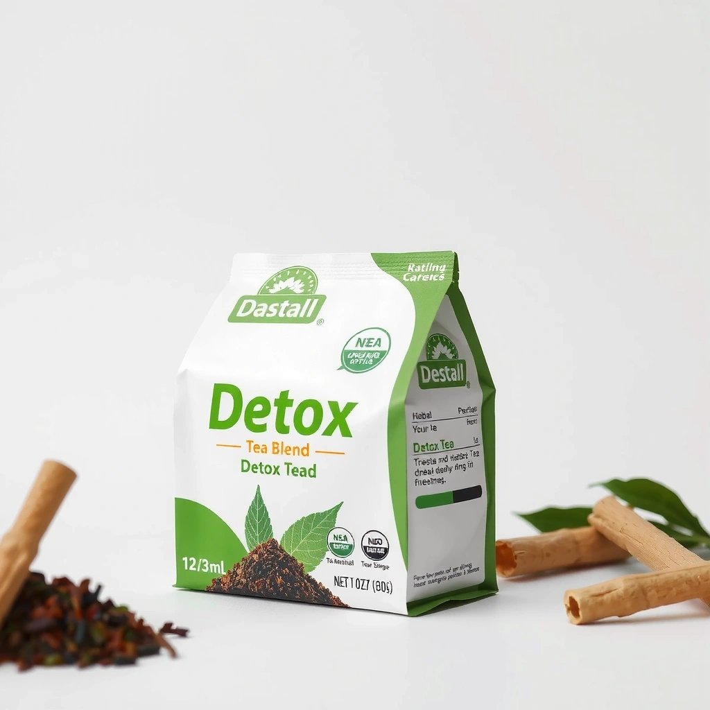 Product shot of a detox tea blend packaging