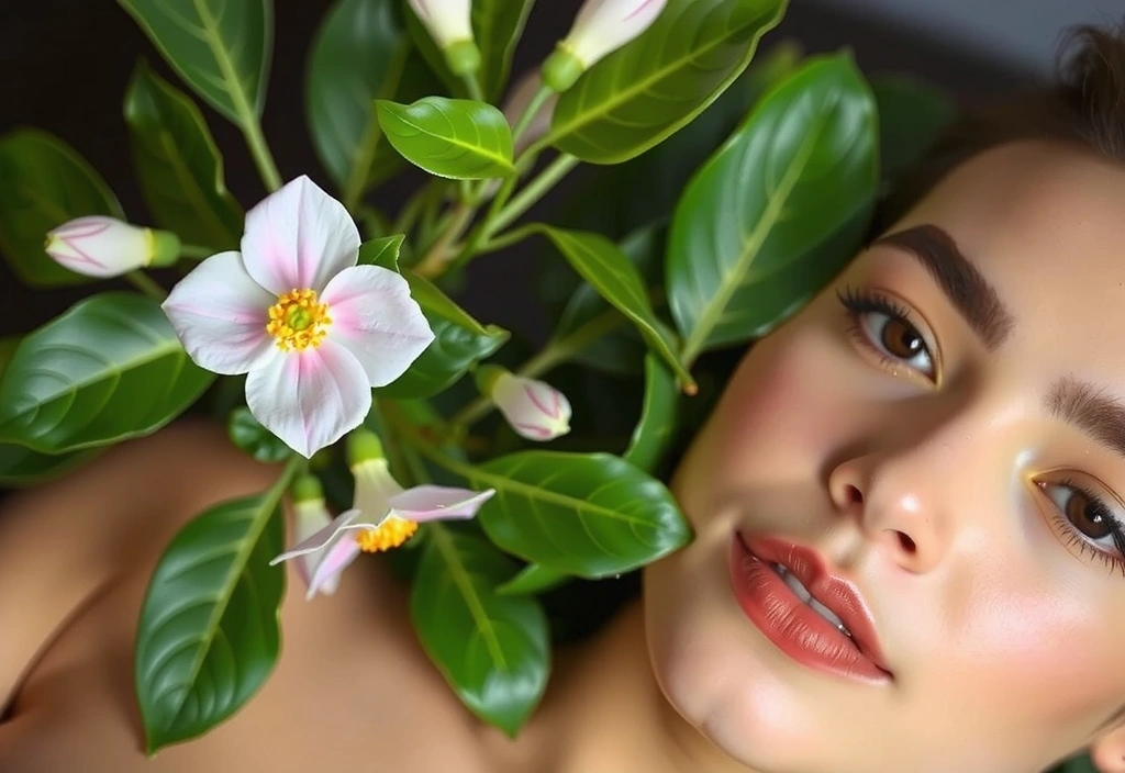 Elegant image representing natural skincare with botanical elements and glowing skin