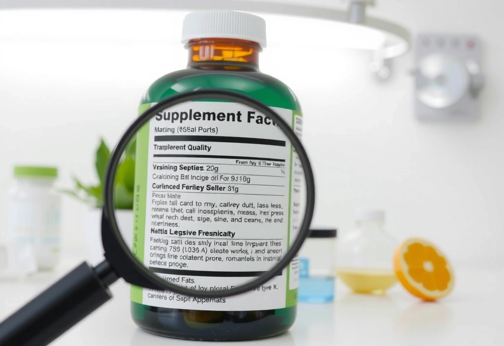 A magnifying glass over a supplement label, highlighting the importance of reading ingredients and understanding quality.
