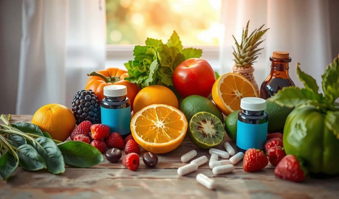 A vibrant image representing health and natural vitality with various fruits, vegetables, and supplement bottles artfully arranged on a wooden table, bathed in soft, natural light.