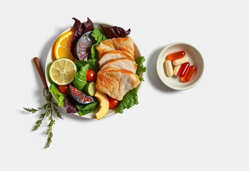 A balanced meal with fresh ingredients alongside supplement capsules, illustrating dietary synergy.