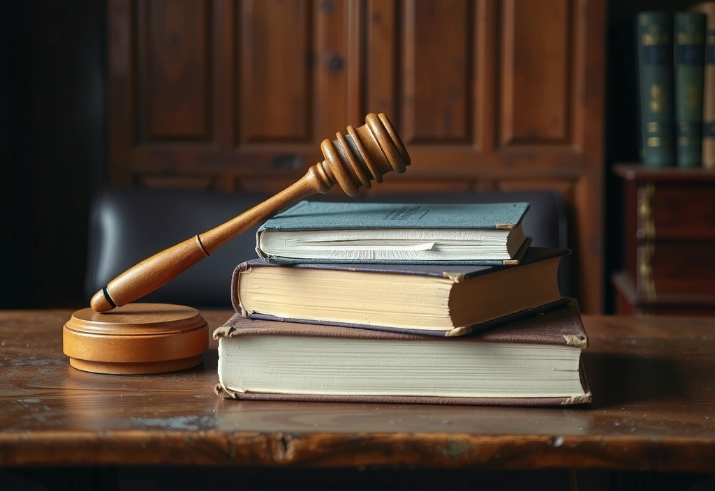 Gavel and law books on a wooden desk, symbolizing legal authority
